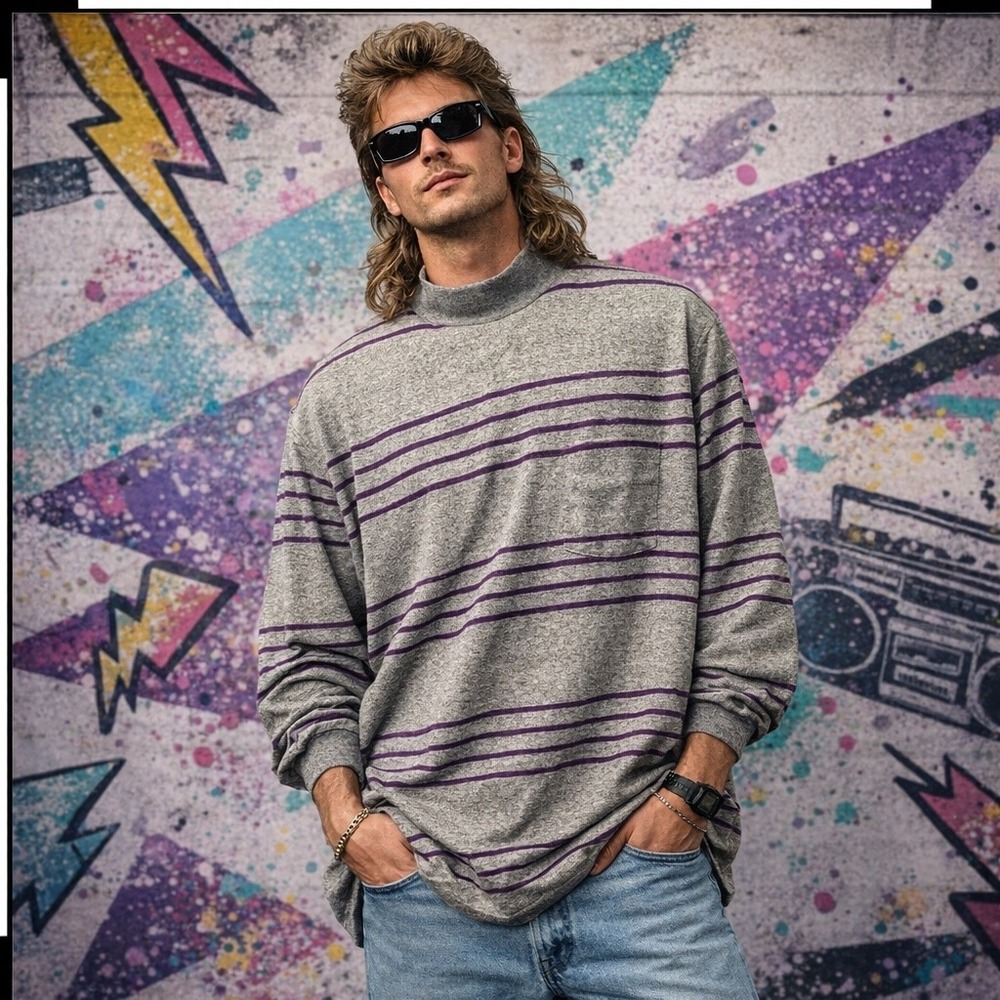 Oakton Limited Striped Purple Gray‎ Long Sleeve Sweater Vintage 80s Men's XLT